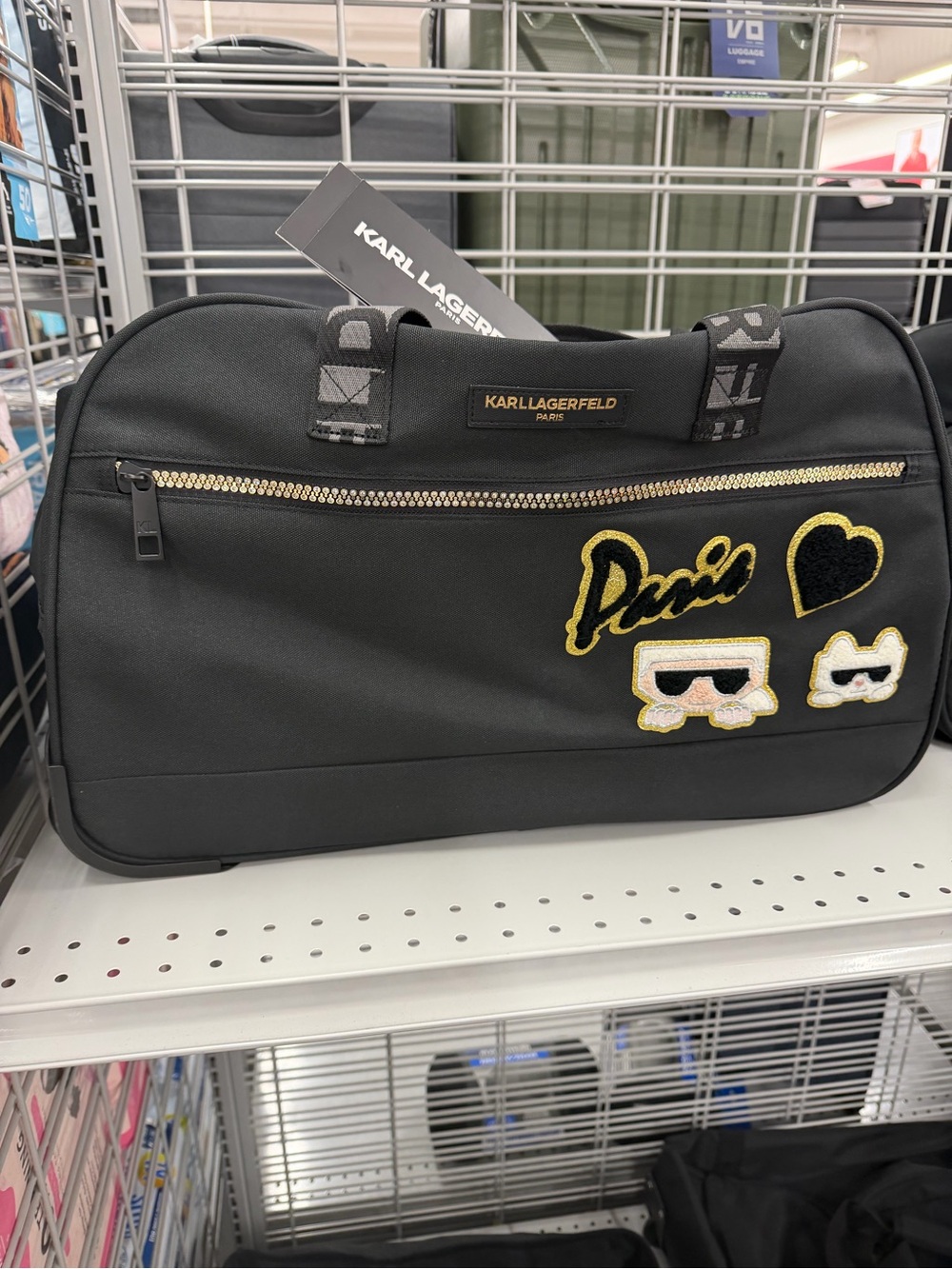 New Karl Lagerfeld Black Duffel with Gold Trim and Patch Embellishments